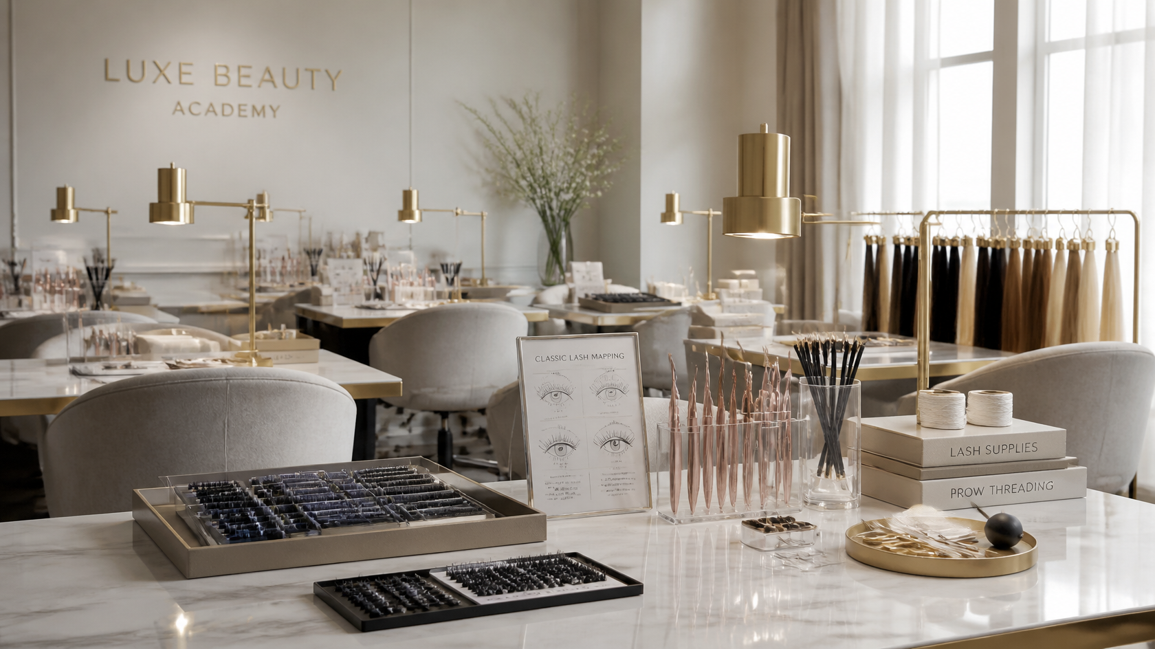Luxury beauty workshop stations with lash, brow, hair, and nail supplies